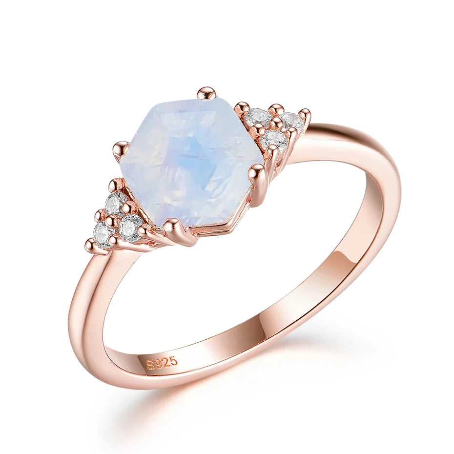 April Birthstone Nautral Rainbow Moonstone Gemstone Rings Hexagon Ring