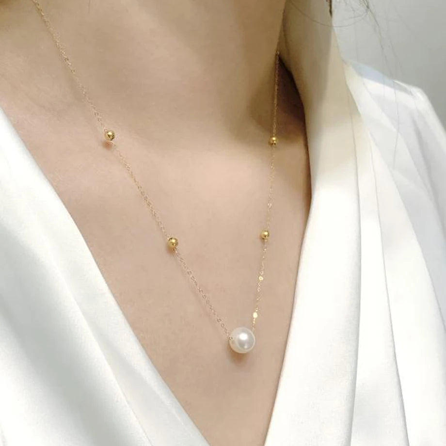 Pearl Necklace Natural Pendant Pure 18K Gold AU750 Chain Fine Jewelry