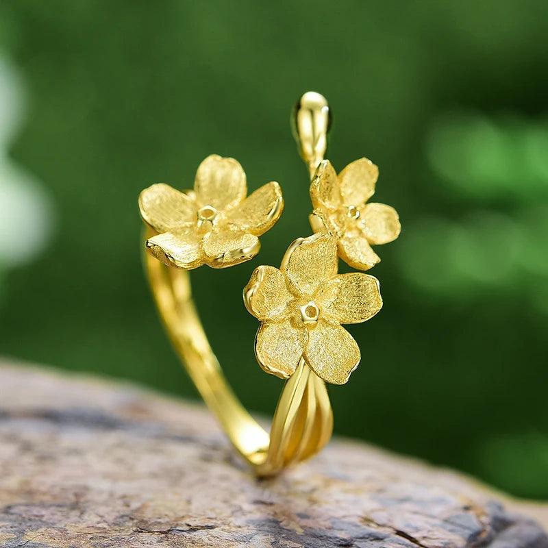 Gold Rings Forget-me-not Flower Adjustable Sterling Silver 925