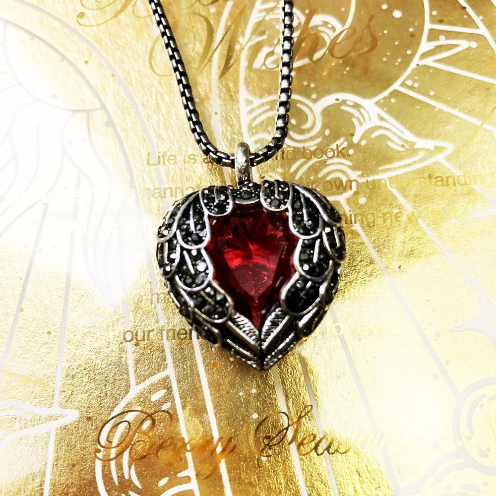 January Birthstone Necklace Red Winged Heart Fashion Jewelry Silver