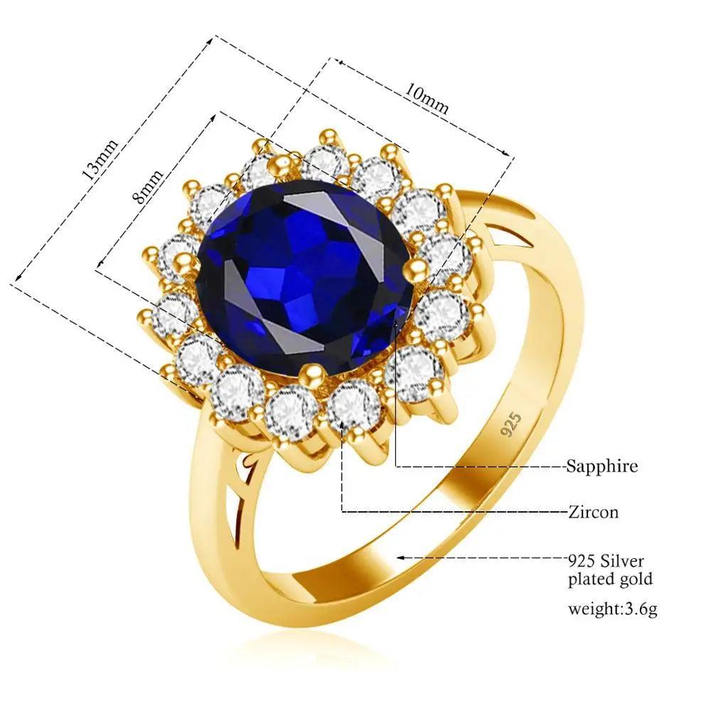 Gold Rings Luxury Stone Real 925 Sterling Silver Plated Jewelry