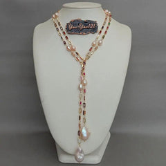 Cultured Pink Pearl Mixed Rectangle Pave Long Chain party necklace