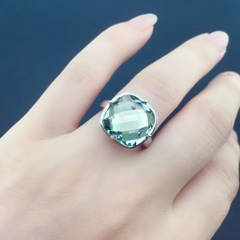 May Birthstone Green Rings Silver Natural Gemstone Cushion 12mm Lady