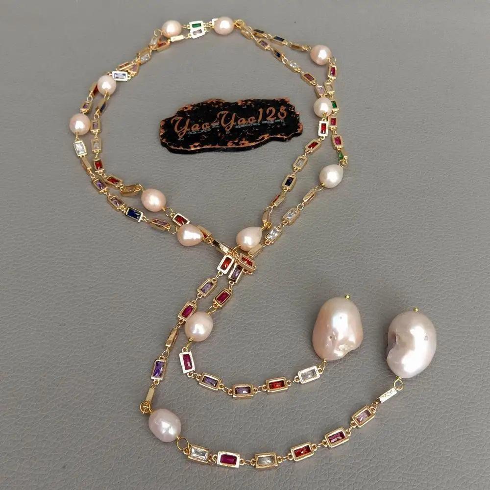 Cultured Pink Pearl Mixed Rectangle Pave Long Chain party necklace