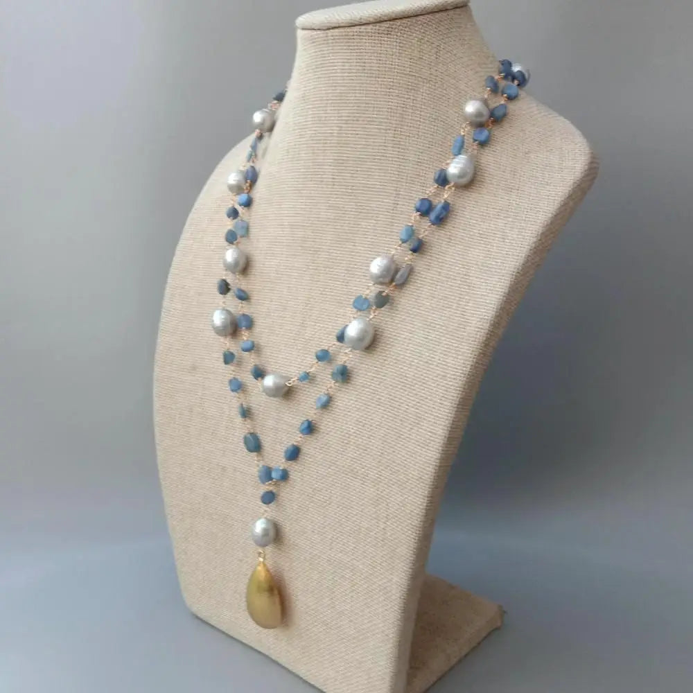 Pearl Necklace Blue Kyanite 21 Gray Freshwater