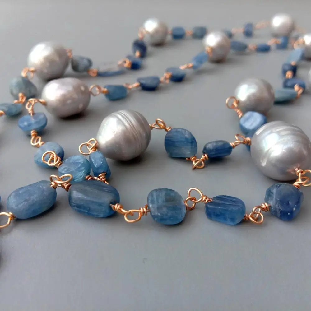 Pearl Necklace Blue Kyanite 21 Gray Freshwater