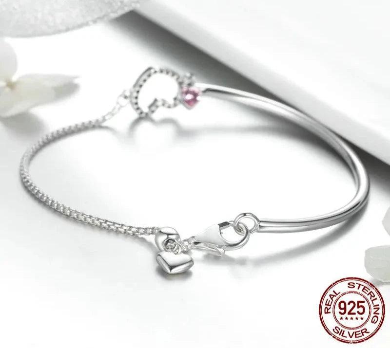 New 100% 925 Sterling Silver Heart Pink Chain Bangles Bracelets Sterling Silver Jewelry