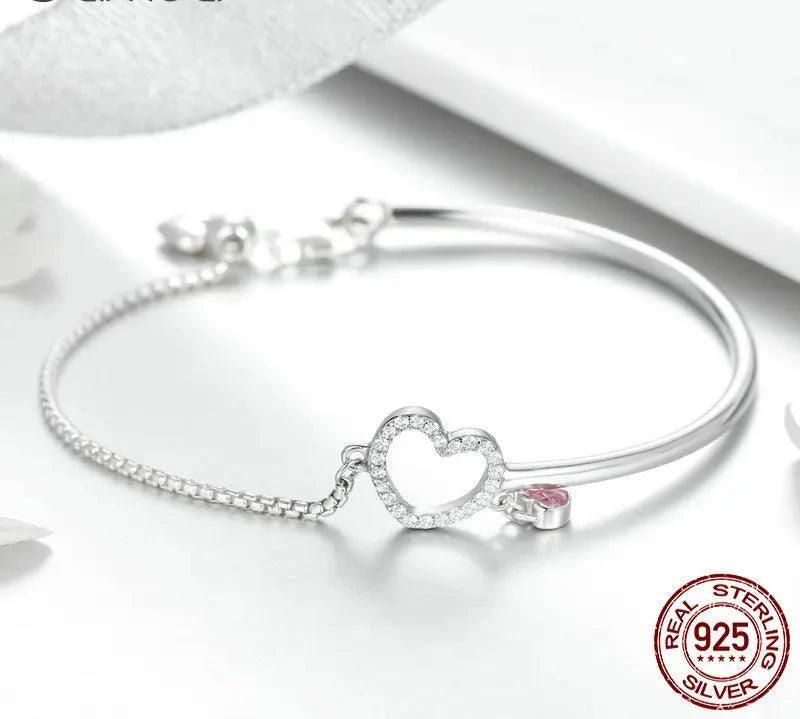 New 100% 925 Sterling Silver Heart Pink Chain Bangles Bracelets Sterling Silver Jewelry