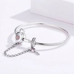 Personalized Heart Bracelet Silver 925 Chain Pink Lock and Key Safety