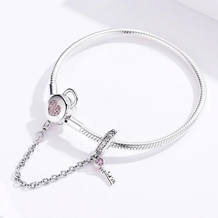 Personalized Heart Bracelet Silver 925 Chain Pink Lock and Key Safety