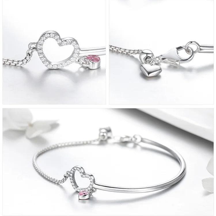 New 100% 925 Sterling Silver Heart Pink Chain Bangles Bracelets Sterling Silver Jewelry