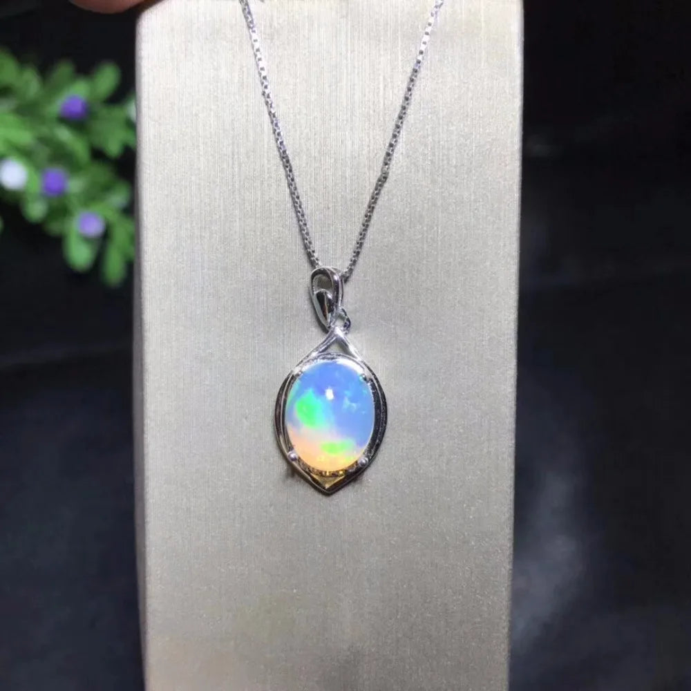 October Birthstone Natural Opal Necklace Color Changing 925 Silver