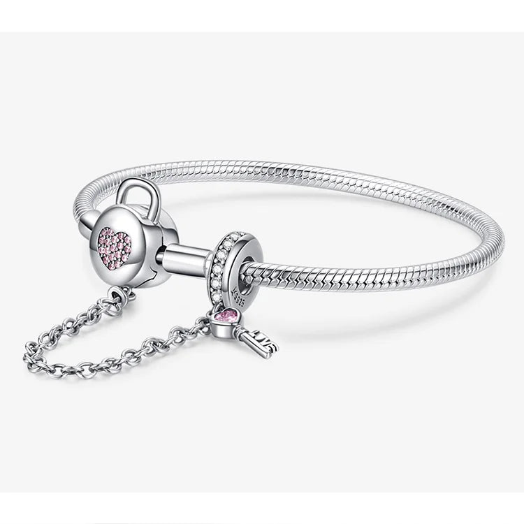 Personalized Heart Bracelet Silver 925 Chain Pink Lock and Key Safety