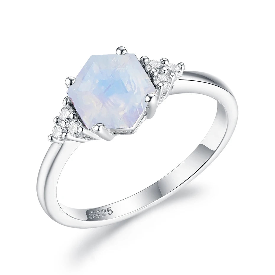 April Birthstone Nautral Rainbow Moonstone Gemstone Rings Hexagon Ring