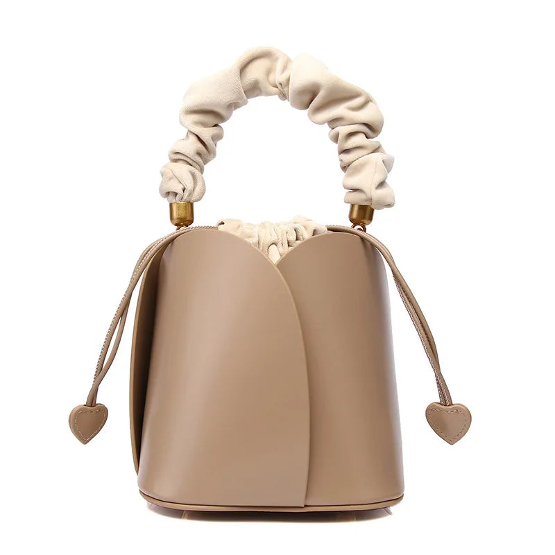 Solid Genuine Leather Ladies Flower Shape Luxury Tote Bucket Bag