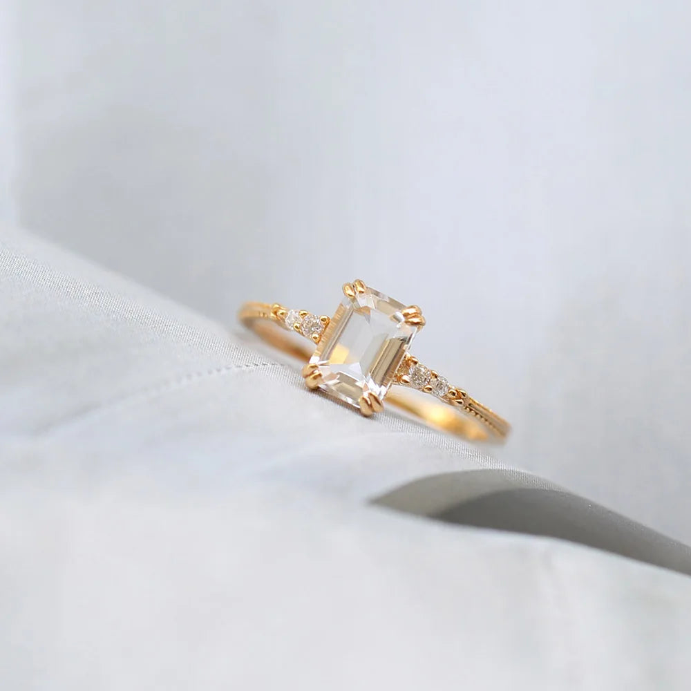 April Birthstone Vintage Ring Square Light Gold Plated Fine Jewelry