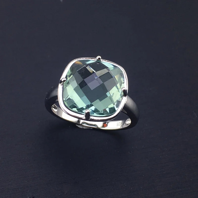 May Birthstone Green Rings Silver Natural Gemstone Cushion 12mm Lady