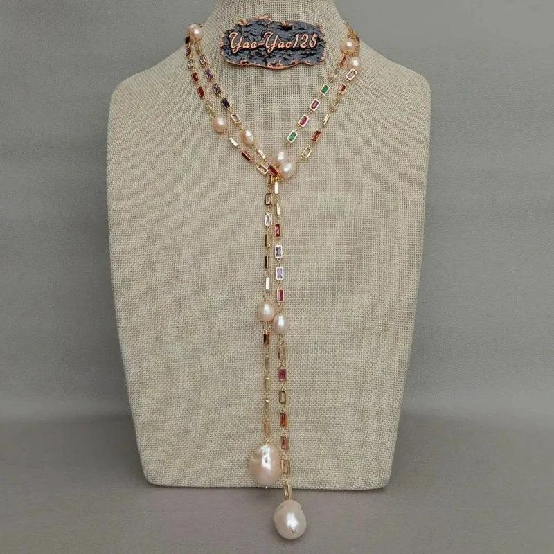 Cultured Pink Pearl Mixed Rectangle Pave Long Chain party necklace