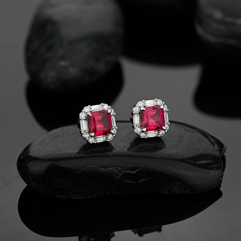 Diamond Earrings 925 Silver Ruby Gemstone Simple Studs Fine Jewelry