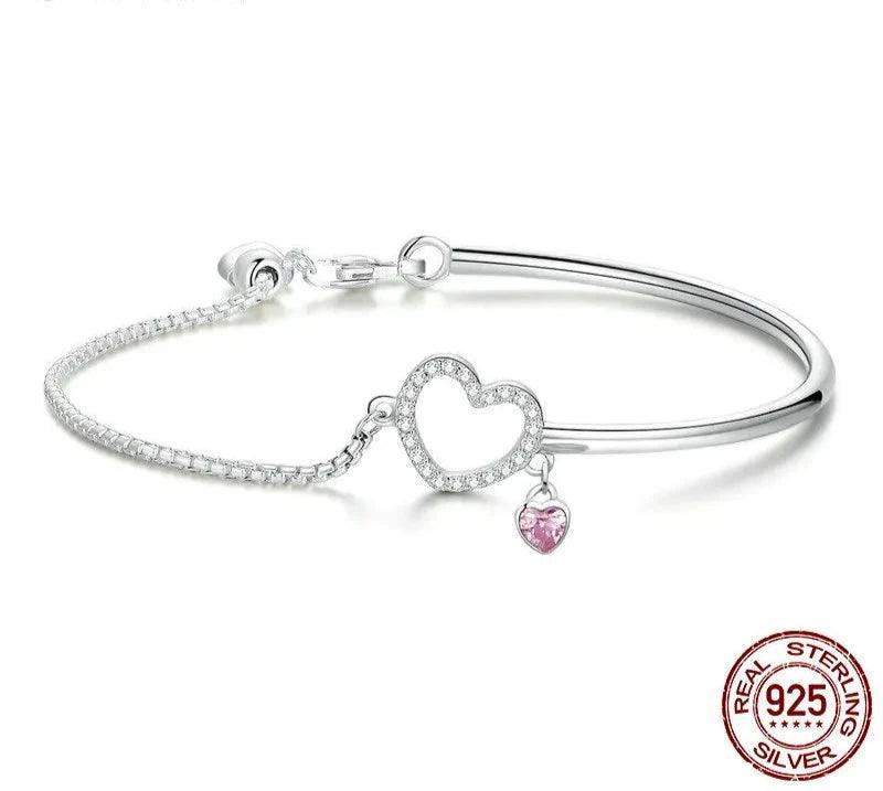 Charm Bracelets 925 Silver Heart Pink Chain Bangles Jewelry
