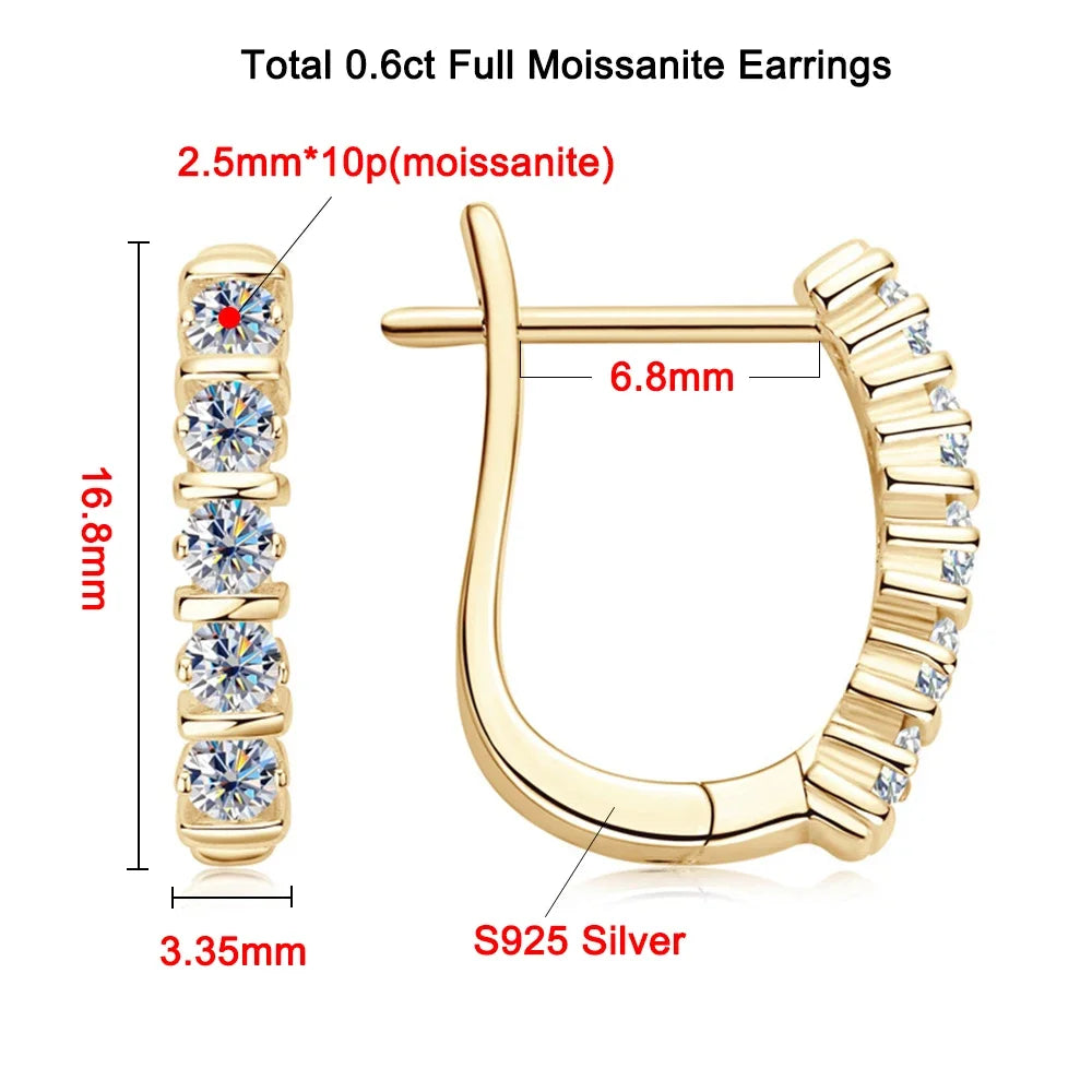 Moissanite Hoop Earring 925 Sterling Silver 18K Gold Plated Jewelry