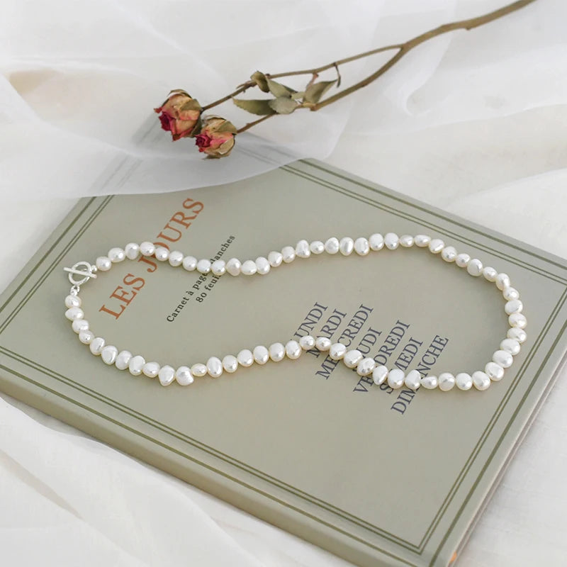 Pearl Necklace Natural Freshwater Sterling Silver 925 Women's Jewelry