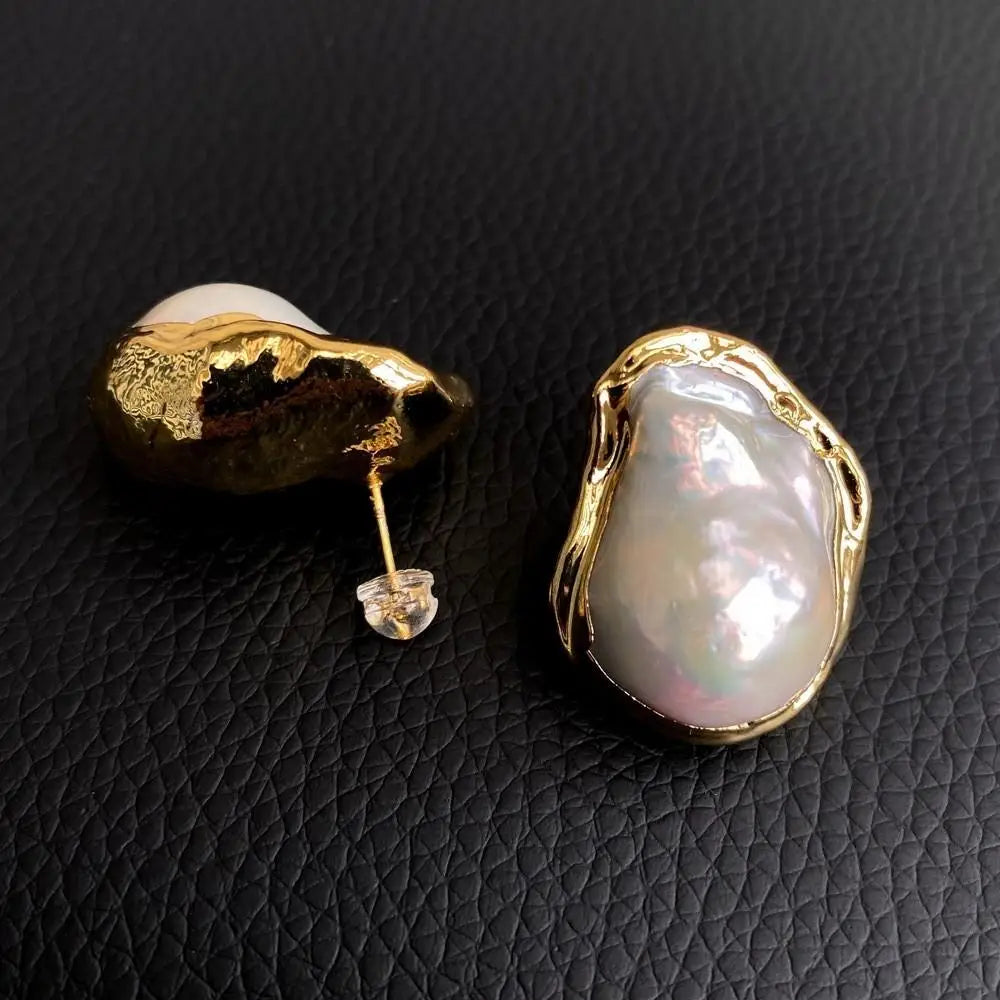 Pearl earrings Natural White Keshi Gold Plated Stud