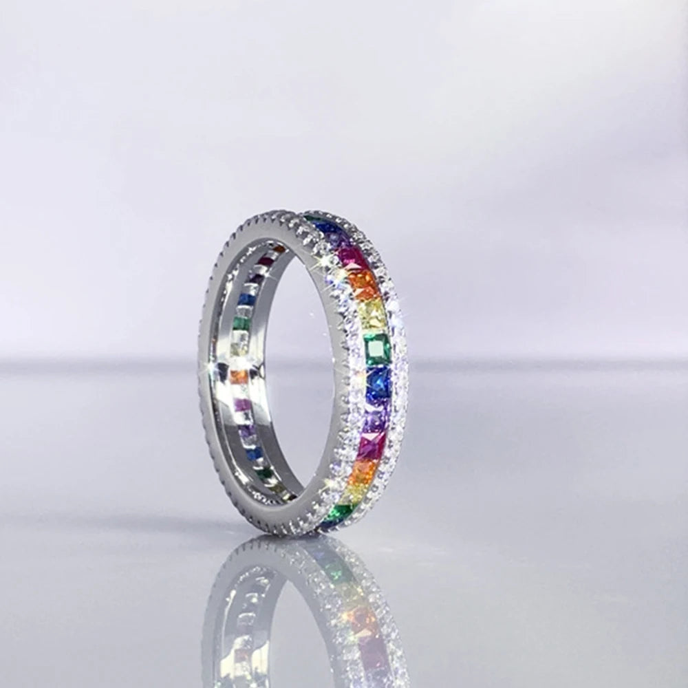 Diamond Ring S925 Silver Rainbow Color Women Luxury Jewelry