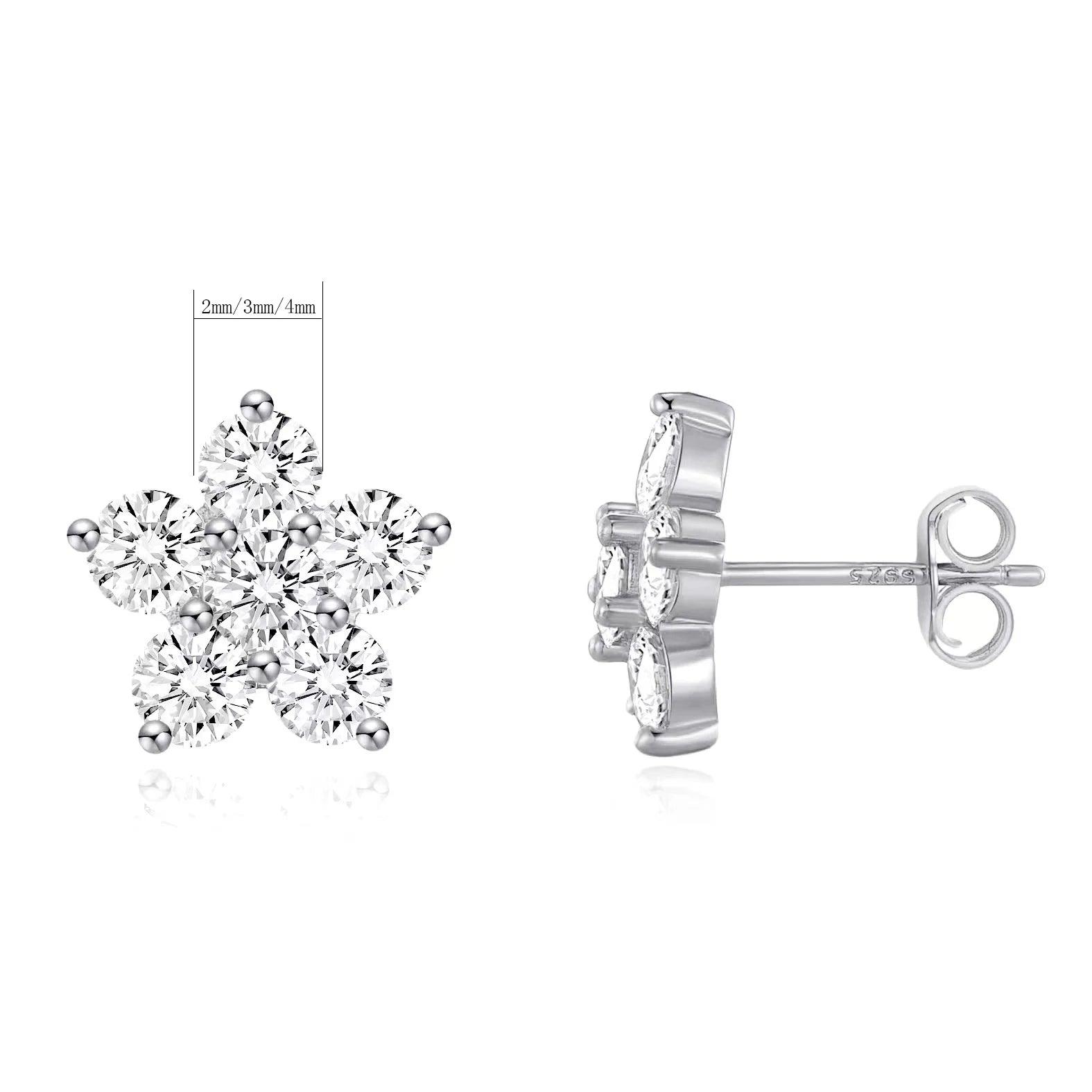 Moissanite Earring 5 Petal Flower White Gold Stud 925 Silver 