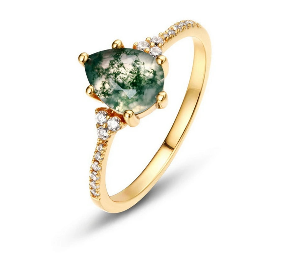 August Birthstone Green Moss Agate Ring for Woman Jewelry