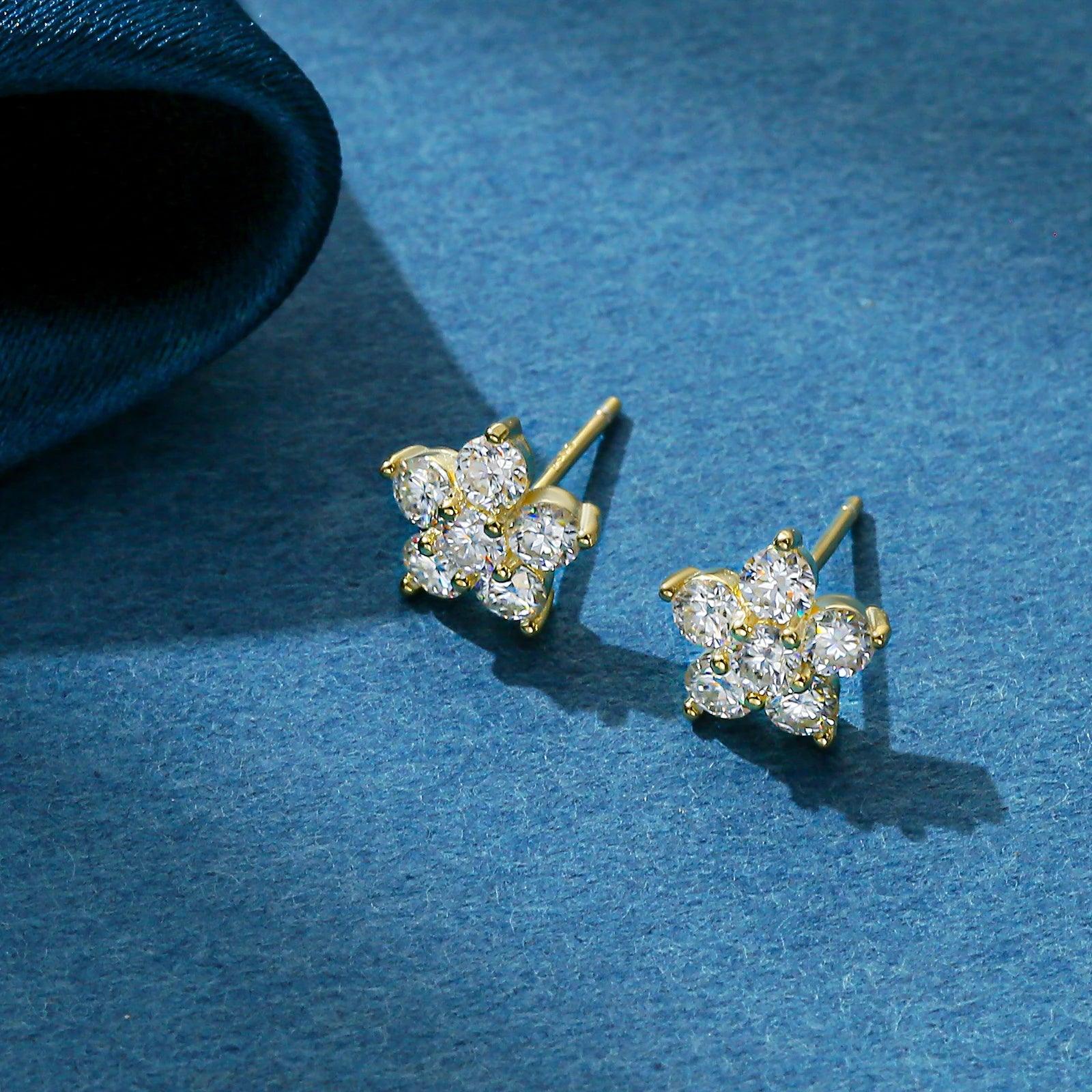 Moissanite Earring 5 Petal Flower White Gold Stud 925 Silver 