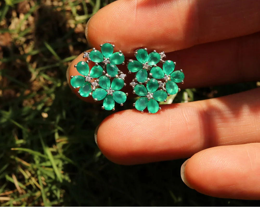 May Birthstone Green Flower Clasp Earrings Natural Gemstone Jewelry