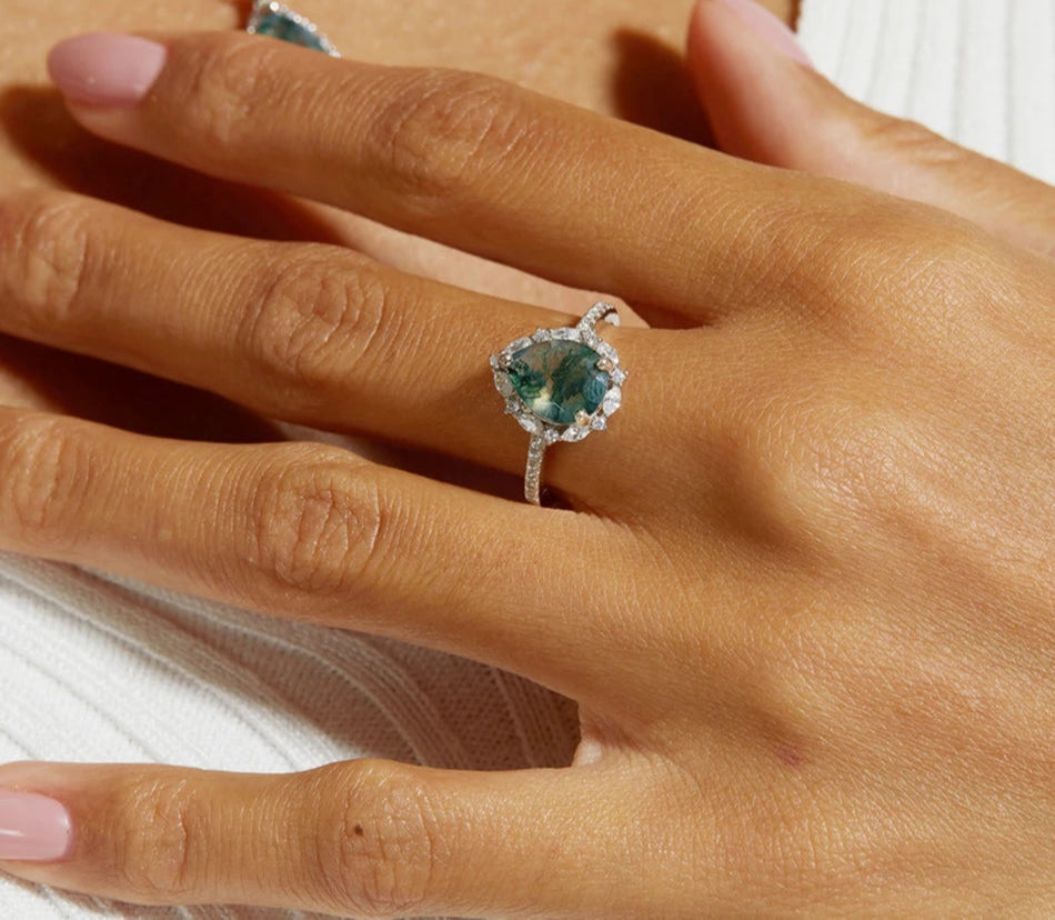 August Birthstone Green Moss Agate Ring for Woman Jewelry