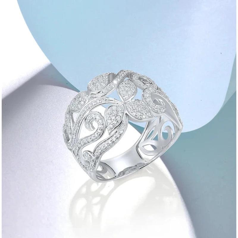 Diamond Ring 925 Silver Jewelry White Flower Elegant 