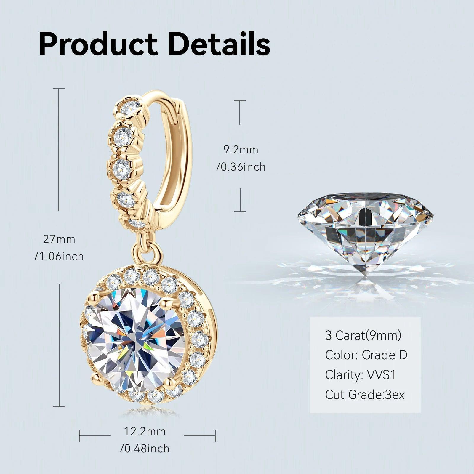 Hoop Earrings Moissanite Drop 100% 925 Silver Gold Plated 2.0ct