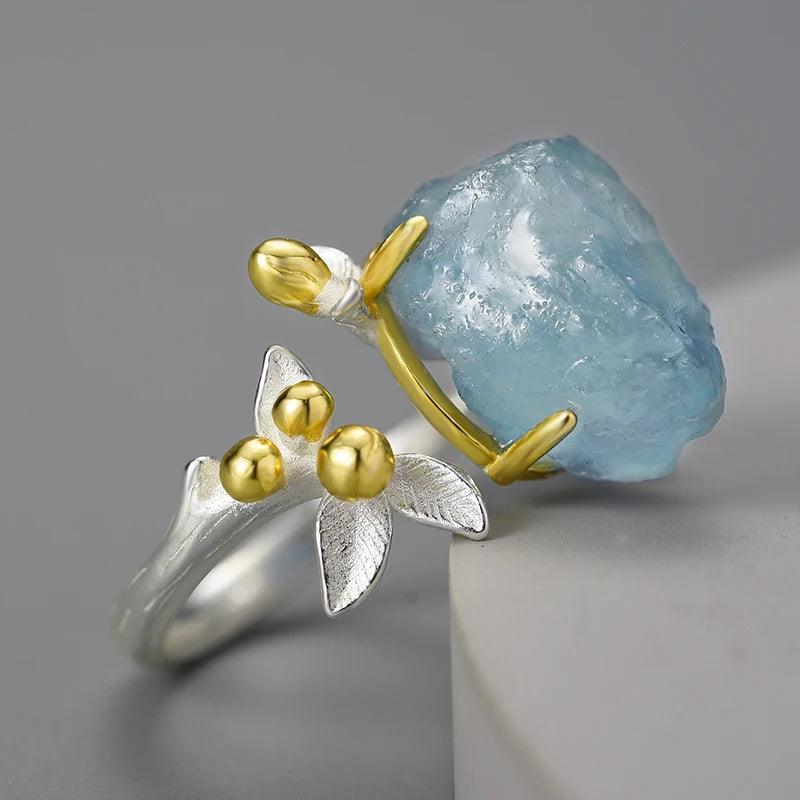 Natural Aquamarine Gemstone Flower 18K Gold   Rings Sterling Silver 925