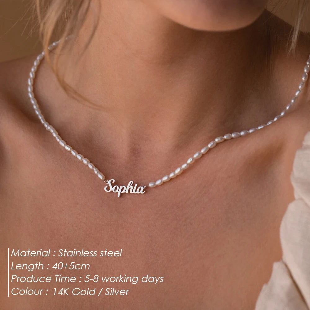 Name Necklace Stainless Steel Women Freshwater Pearl Letters Chain