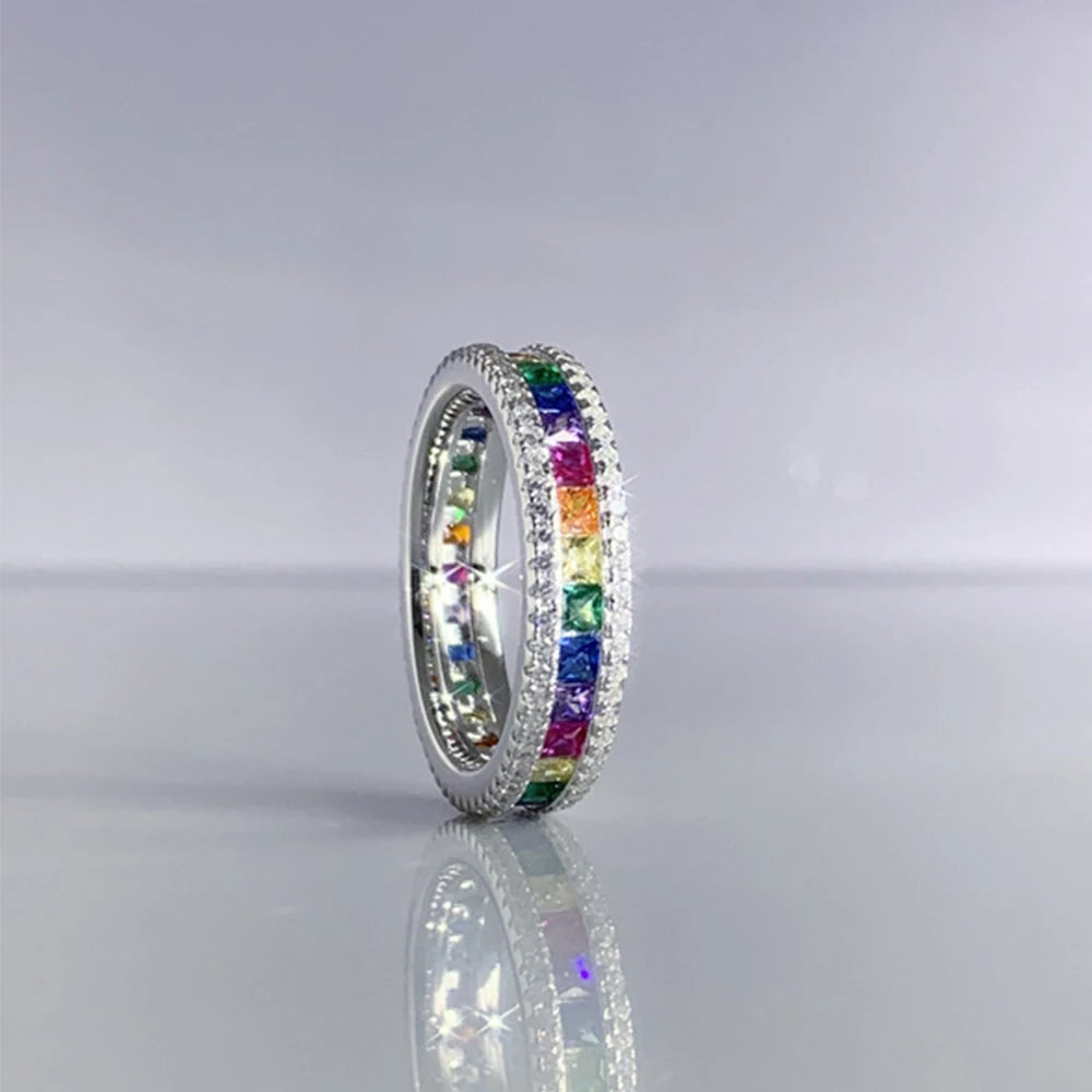 Diamond Ring S925 Silver Rainbow Color Women Luxury Jewelry