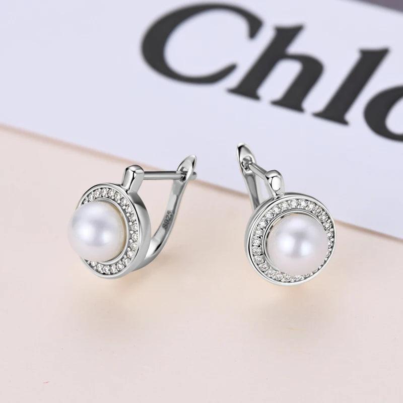 French Vintage Moissanite Hoops Freshwater Pearl Earrings Silver 925 Sterling