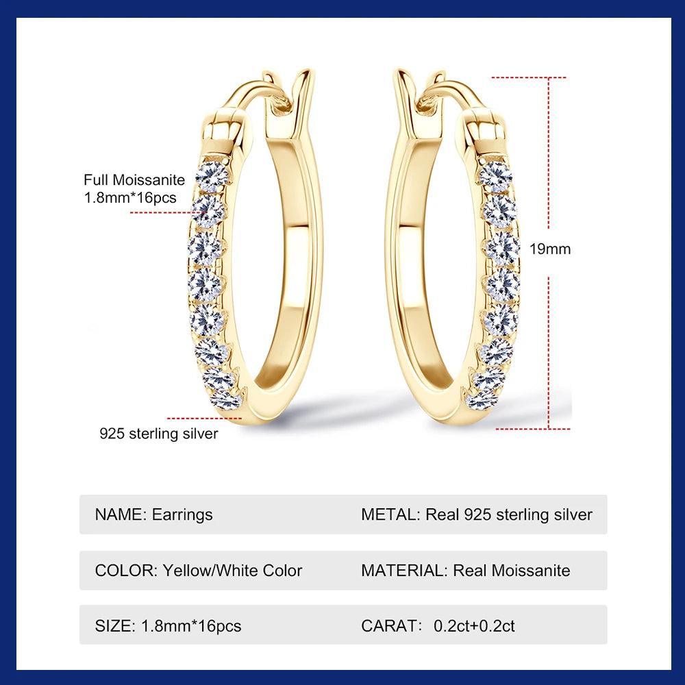 Moissanite Earrings Sterling Sliver 925 Plated Yellow Gold Hoop Earring Fine Jewelry