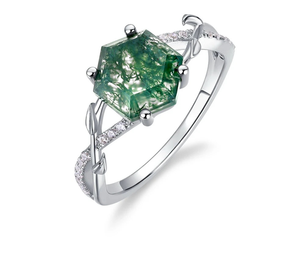 August Birthstone Green Moss Agate Ring for Woman Jewelry