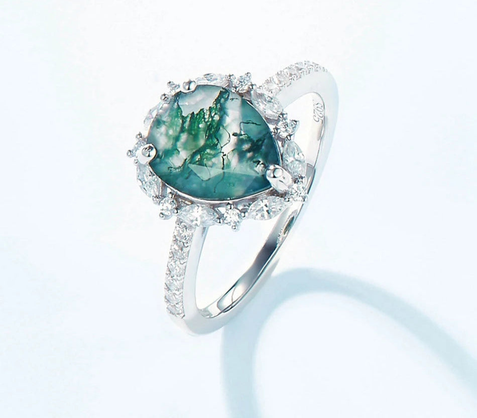 August Birthstone Green Moss Agate Ring for Woman Jewelry