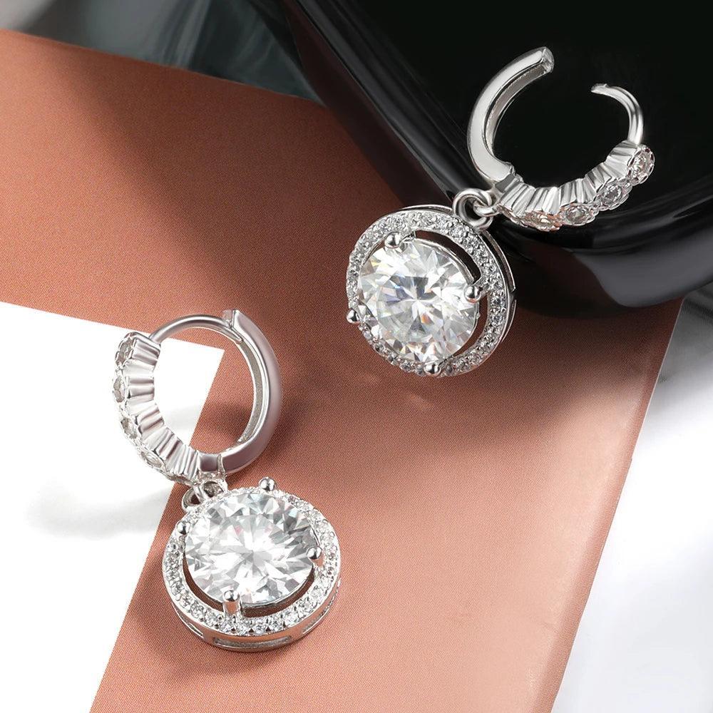 Hoop Earrings with Round Sunflower D Color Diamond Drop Silver 925