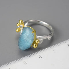 Natural Aquamarine Gemstone Flower 18K Gold   Rings Sterling Silver 925