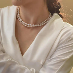 100% Natural Bright Freshwater Pearl Trendy Double Layered Chains Choker Necklace Jewelry For Women Mother's Day Gifts - MILALAN 