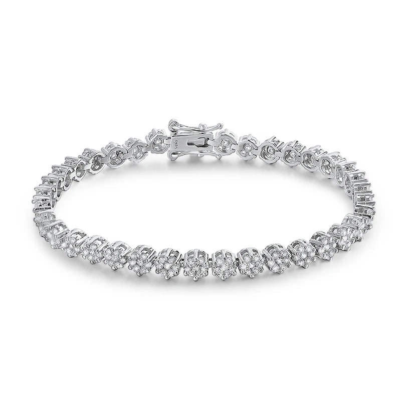 Tennis 925 Silver Plated White Gold Diamond Flower Bracelet