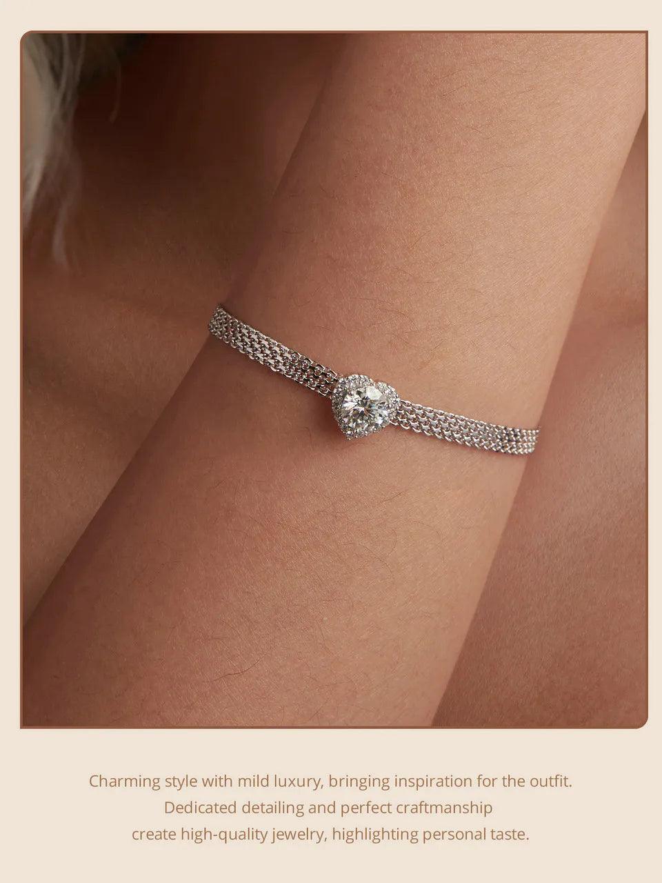 Solid 925 Sterling Silver Chain Bracelet, White Gold Plated Heart Moissanite Bracelet 