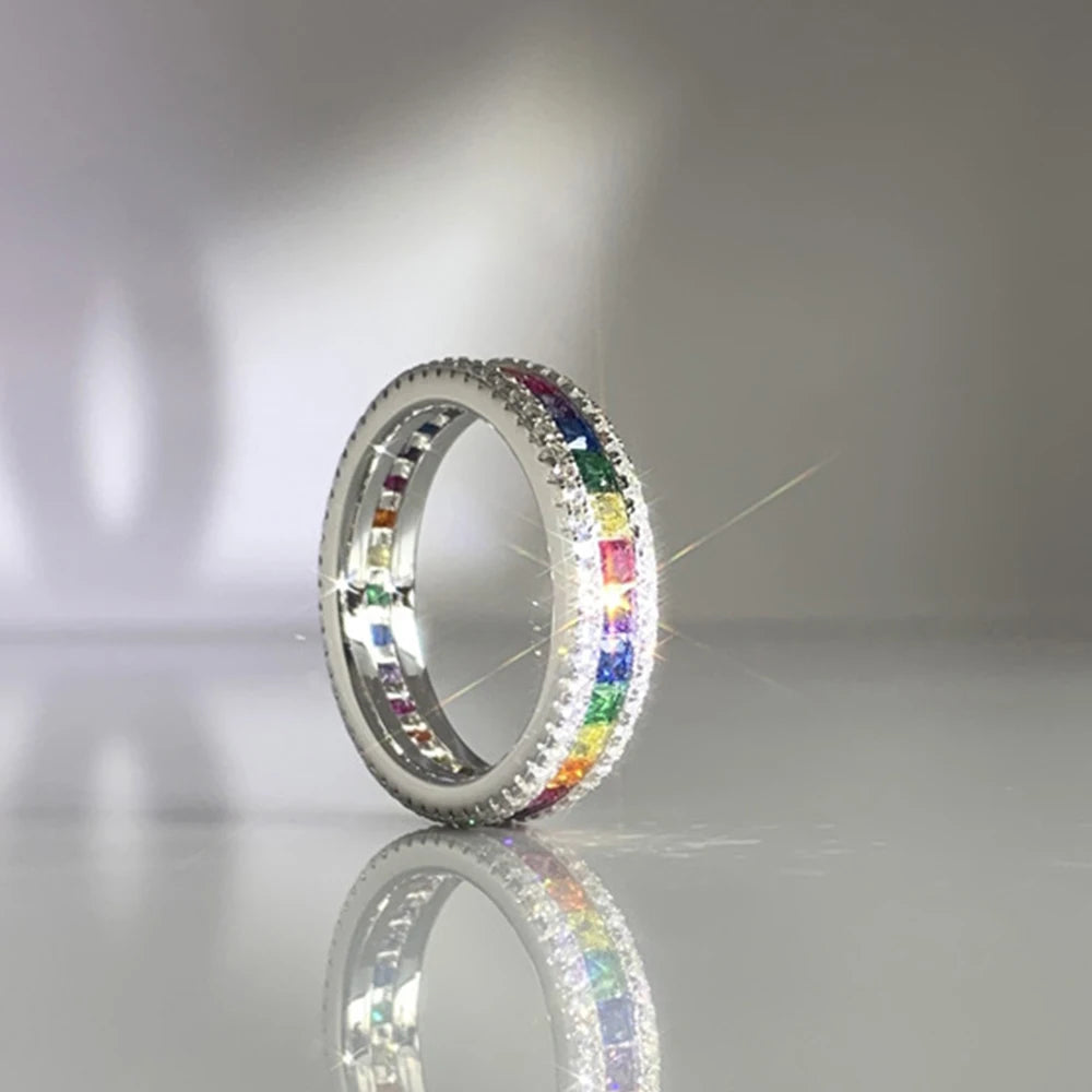 Diamond Ring S925 Silver Rainbow Color Women Luxury Jewelry