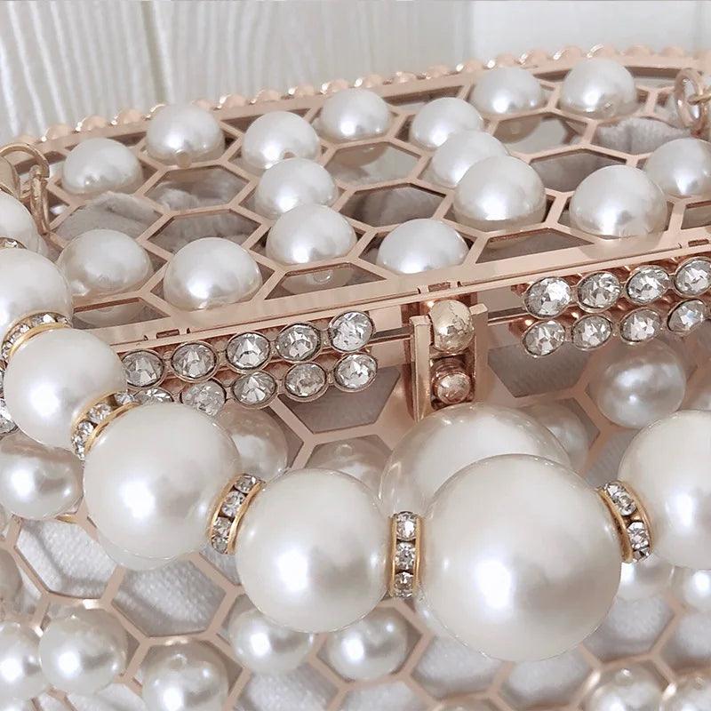 Luxury Designer Pearl Handbag and Purses Hollow Out Clutch Handle