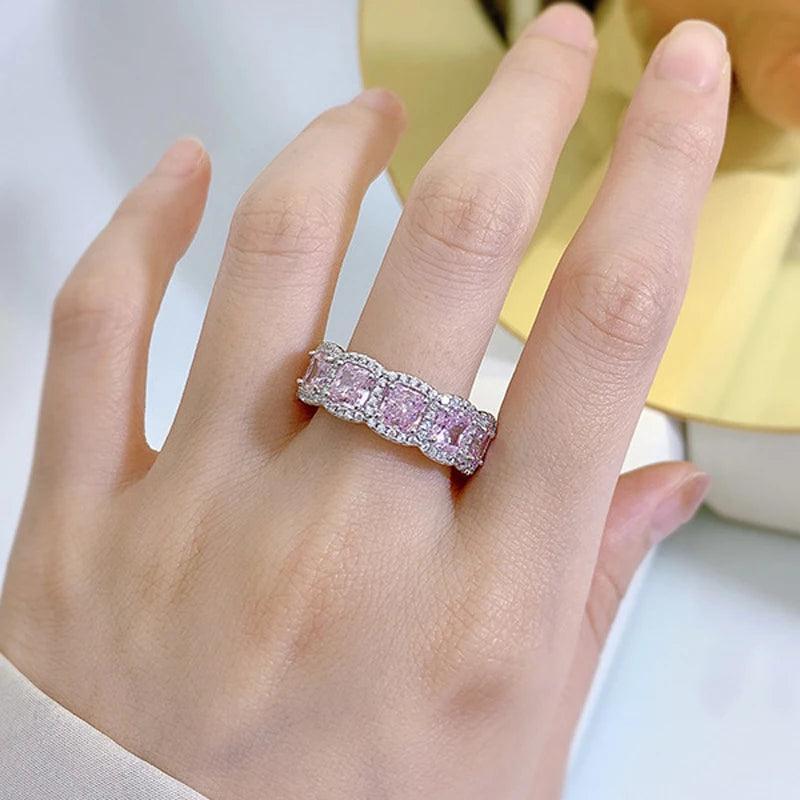 Diamond Rings High Carbon White Rose Gold Square Sparkling